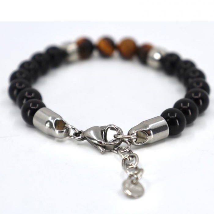 Bratara cu pietre onix si ochi de tigru 8 mm, snur reglabil inox [3]