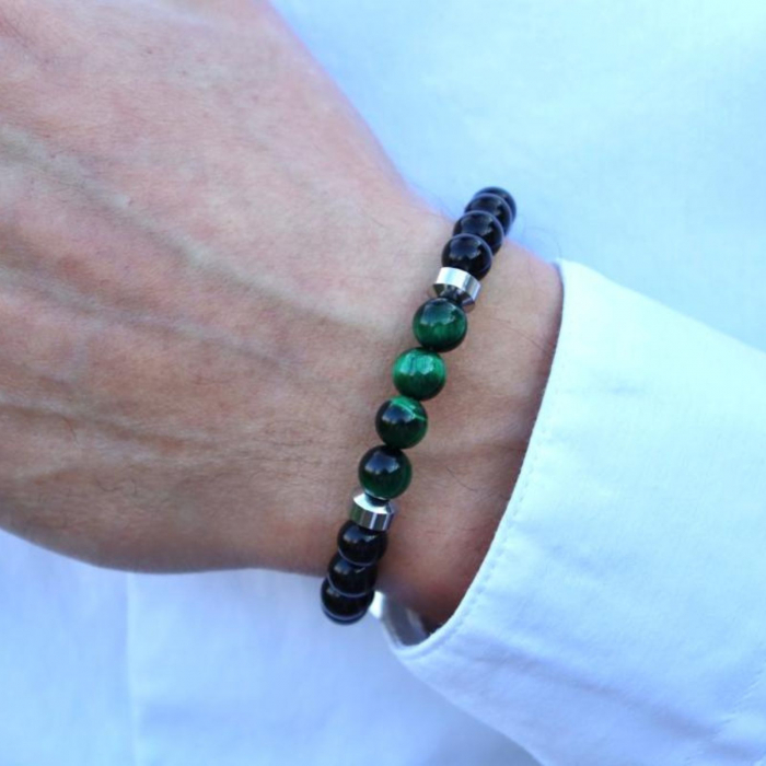 Bratara cu pietre onix si ochi de tigru verde 8 mm, snur reglabil inox [5]