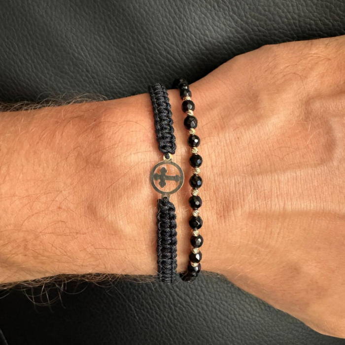 Brățară cu Șnur, Cruciuliță și Biluțe de Aur 14K, Onix Fațetat 4 mm [2]