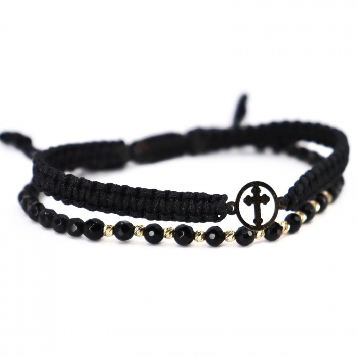 Brățară cu Șnur, Cruciuliță și Biluțe de Aur 14K, Onix Fațetat 4 mm [3]