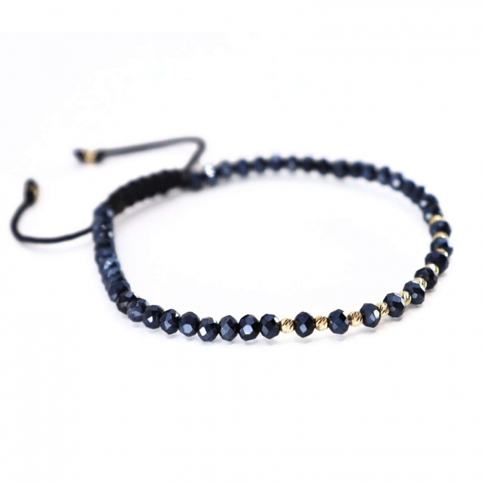 Brățară cu Șnur Împletit și Biluțe de Aur 14K, Cristale Sticlă Bleumarin [3]