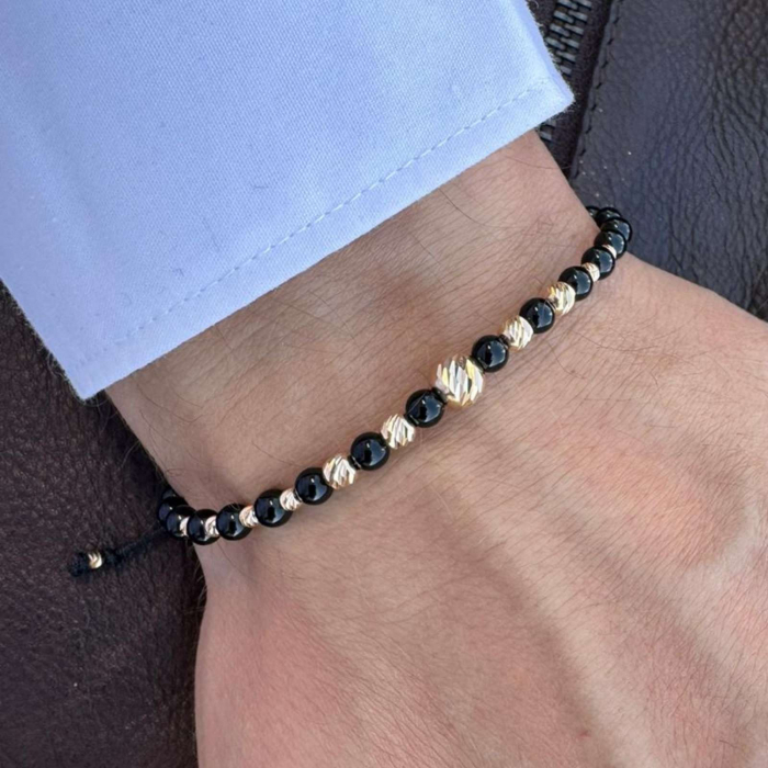 Brățară cu Bile de Aur 14K, Șnur Reglabil și Onix Fațetat 4 mm [2]