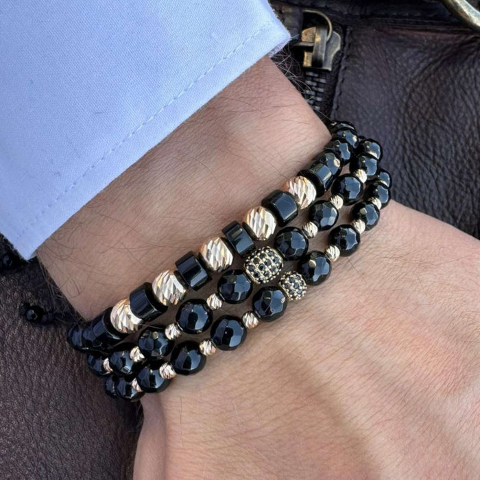 Brățară cu Șnur Reglabil, Bile de Aur 14K, Pietre Onix 6 mm [3]