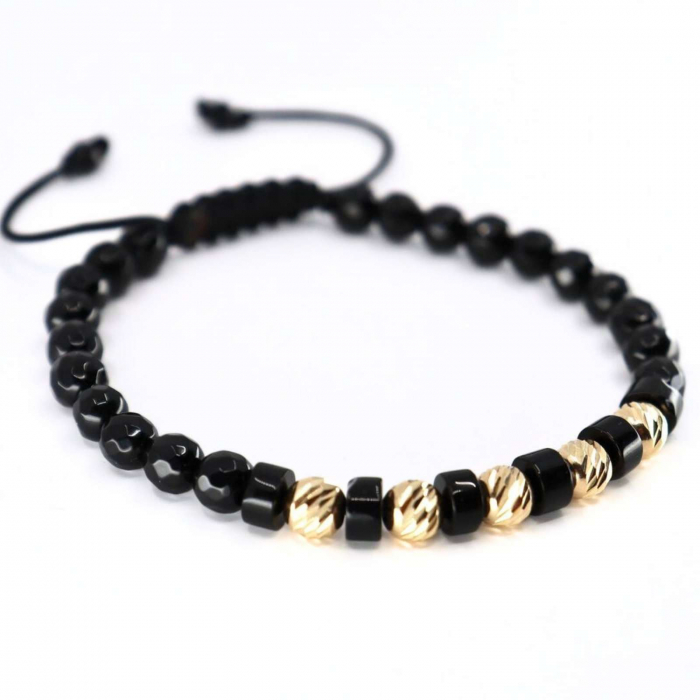 Brățară cu Șnur Reglabil, Bile de Aur 14K, Pietre Onix 6 mm [5]