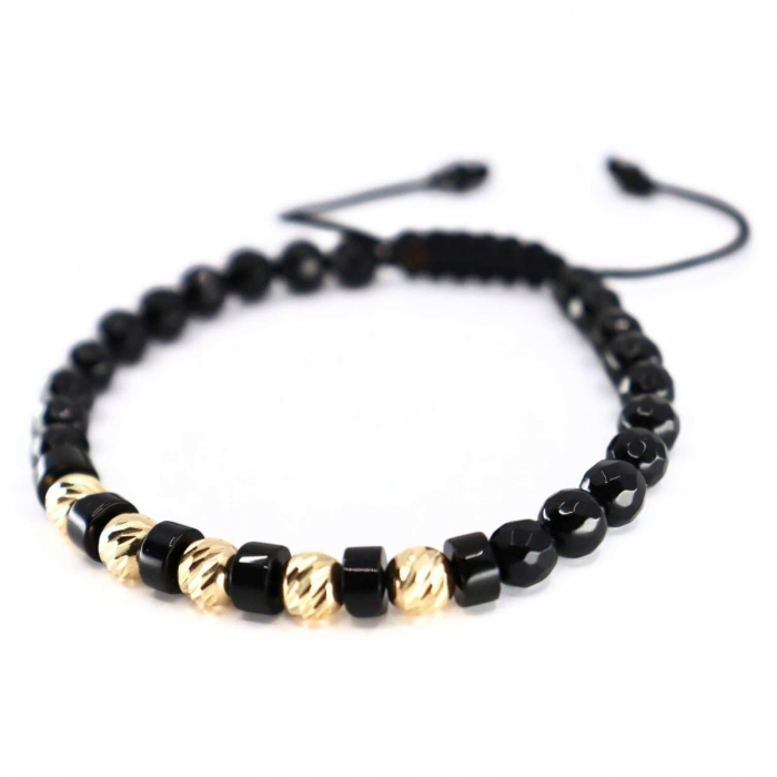 Brățară cu Șnur Reglabil, Bile de Aur 14K, Pietre Onix 6 mm [4]
