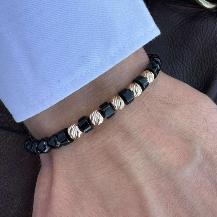 Brățară cu Șnur Reglabil, Bile de Aur 14K, Pietre Onix 6 mm [2]