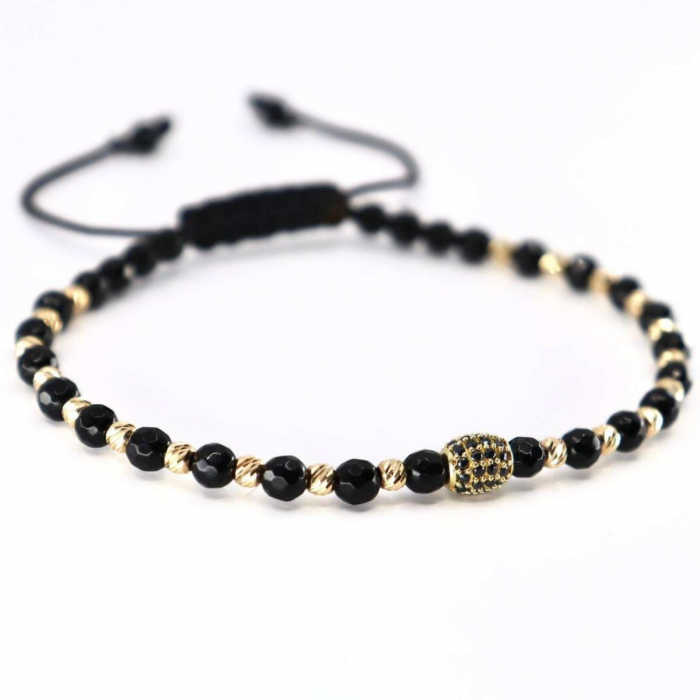 Brățară cu Șnur Reglabil, Biluțe și Charm de Aur 14K, Pietre Onix [3]