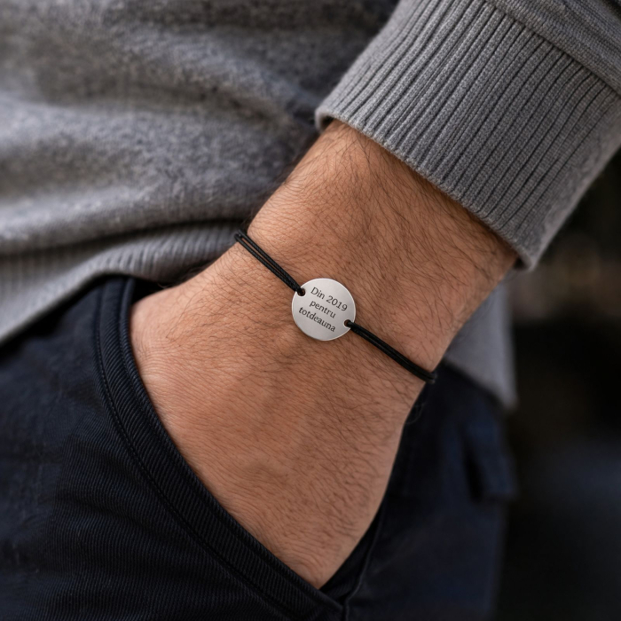 Brățară Personalizată cu Mesaj - Bănuț Argint 925, Șnur Simplu Reglabil, Unisex [2]
