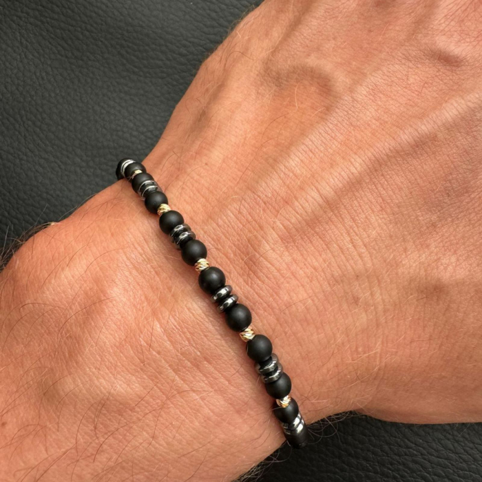 Brățară cu Șnur și Bile de Aur 14K, Onix Negru și Hematit Gri 4 mm [2]