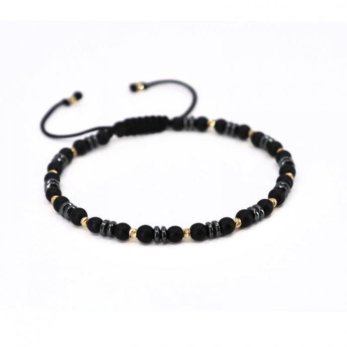 Brățară cu Șnur și Bile de Aur 14K, Onix Negru și Hematit Gri 4 mm [4]