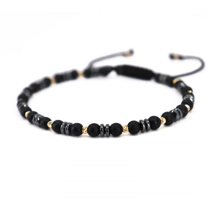 Brățară cu Șnur și Bile de Aur 14K, Onix Negru și Hematit Gri 4 mm [3]
