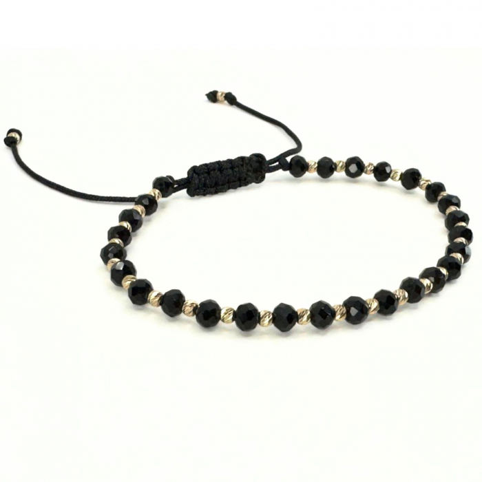 Brățară cu Șnur și Biluțe de Aur 14K, Cristale de Sticlă Negre, Unisex [2]