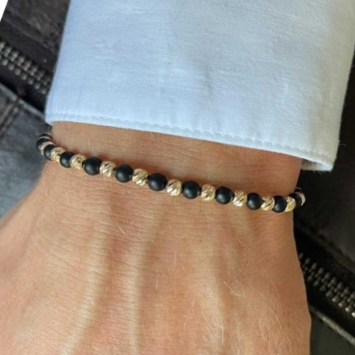 Brățară cu șnur și biluțe de aur, pietre onix 4 mm [2]