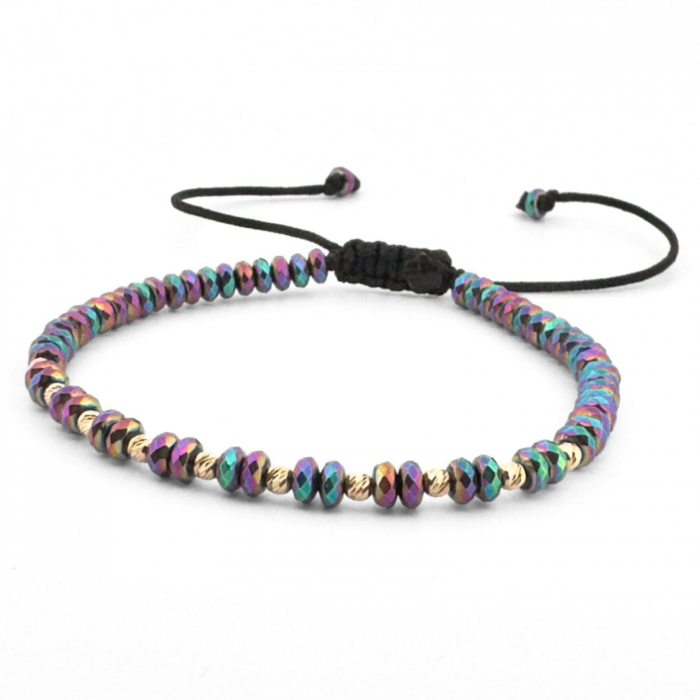 Brățară Damă cu 10 Bile de Aur 14K, Hematit Discuri Fațetate Multicolor și Șnur Reglabil [2]