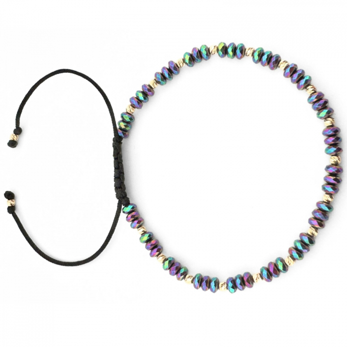 Brățară Damă cu Bile de Aur 14K, Hematit Discuri Fațetate Multicolor și Șnur Reglabil [4]