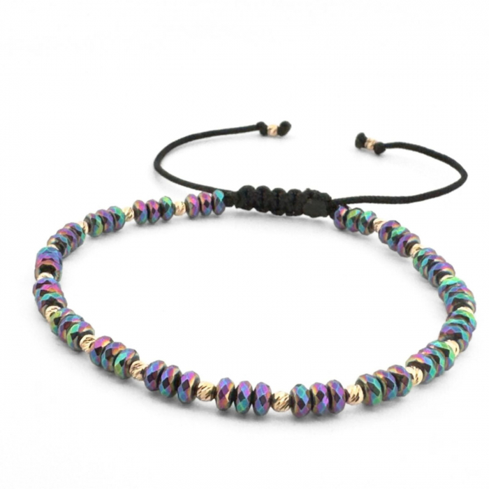 Brățară Damă cu Bile de Aur 14K, Hematit Discuri Fațetate Multicolor și Șnur Reglabil [3]