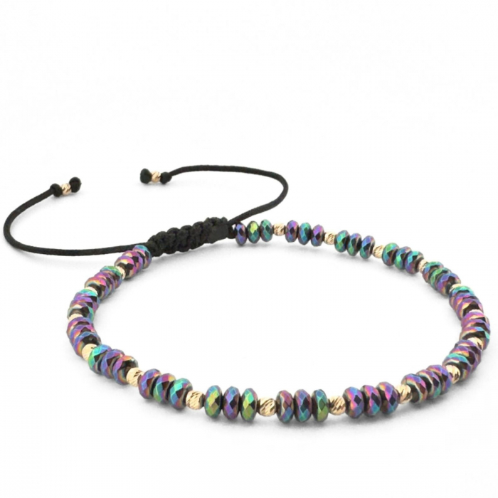 Brățară Damă cu Bile de Aur 14K, Hematit Discuri Fațetate Multicolor și Șnur Reglabil [2]