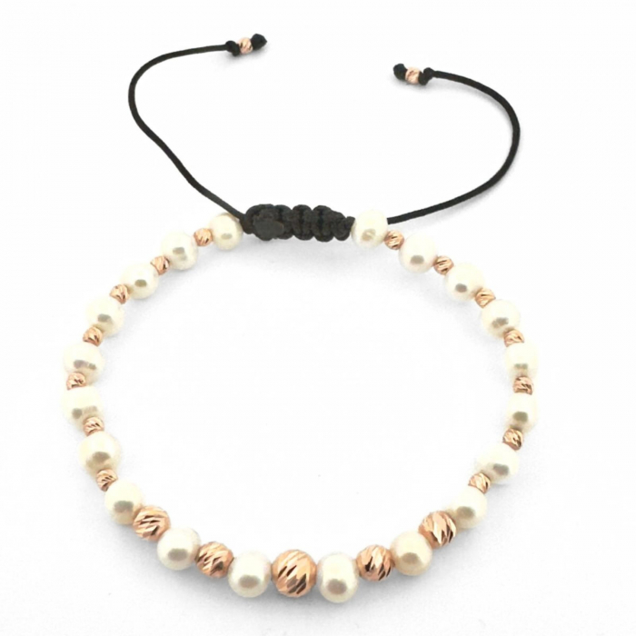 Brățară Damă cu Bile de Aur Rose 14K, Perle de Cultură si Șnur Reglabil [2]