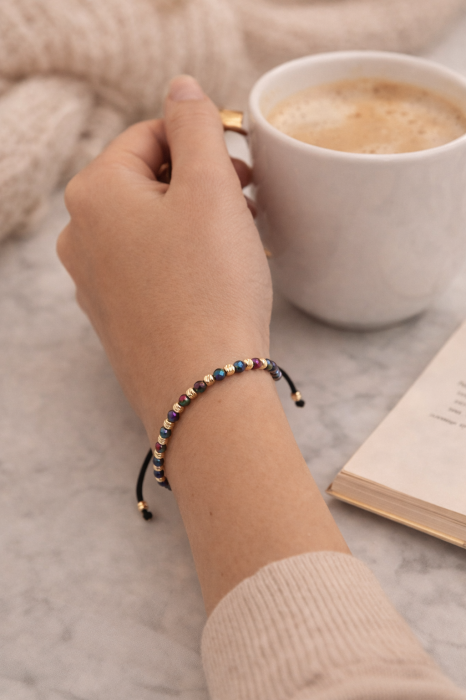 Brățară Damă cu Biluțe de Argint Placate cu Aur 18K, Hematit Multicolor 3mm, Șnur Reglabil [3]