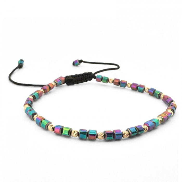 Brățară Damă cu Biluțe de Aur 14K și Hematit Cuburi Multicolor 3mm [2]
