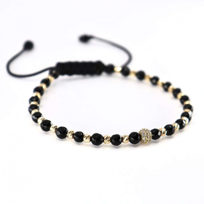 Brățară de Aur cu Biluțe, Charm, Onix și Șnur Reglabil [4]