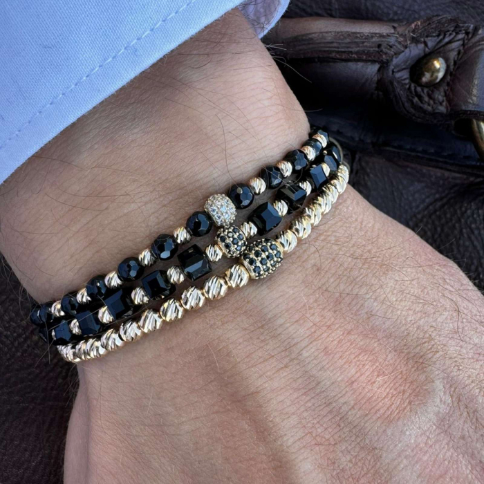 Brățară de Aur cu Biluțe, Charm, Onix și Șnur Reglabil [3]