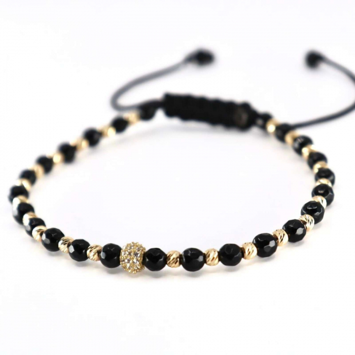 Brățară de Aur cu Biluțe, Charm, Onix și Șnur Reglabil [5]