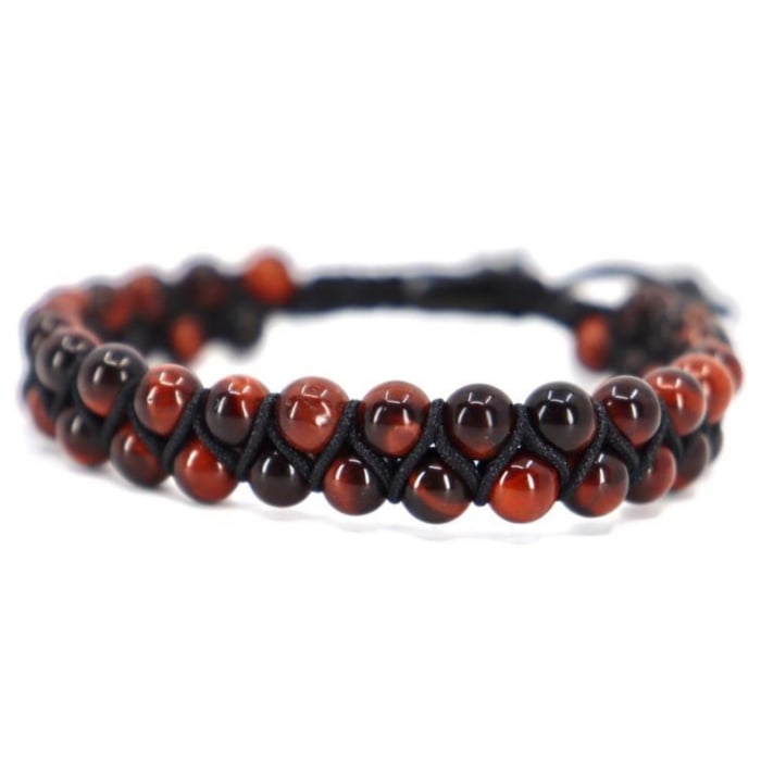 Bratara dubla cu pietre ochi de tigru rosu 6 mm, snur macrame impletit [3]