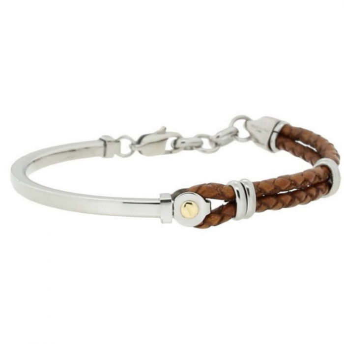 Brățară Inox Bărbați cu Piele Maro și Aur 18K, Mărime Reglabilă [4]