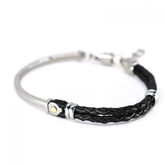 Brățară Inox Bărbați cu Piele Neagră și Aur 18K, Mărime Reglabilă [2]