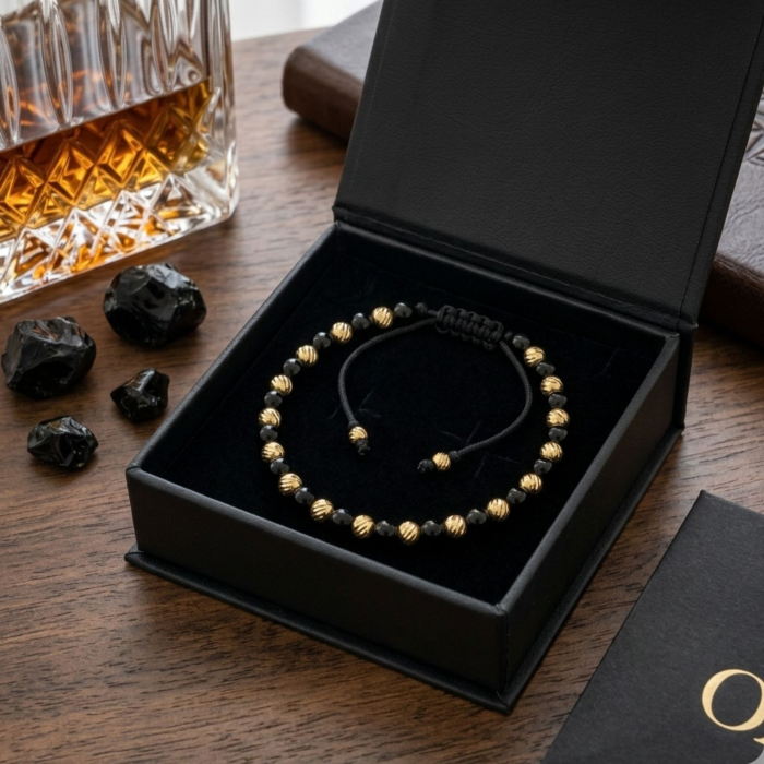 Brățară Onix cu Bile Argint 4mm Placate cu Aur 18K, Șnur Reglabil, Unisex [3]