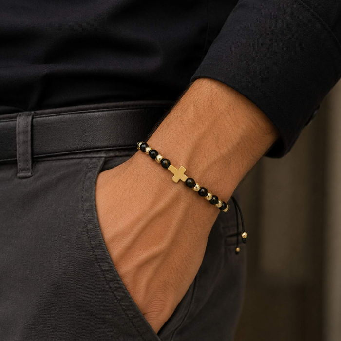 Brățară Onix cu Cruce Aurie din Hematit și Argint 925 Placat cu Aur 18K 4mm – Șnur Reglabil, Protecție și Eleganță [2]
