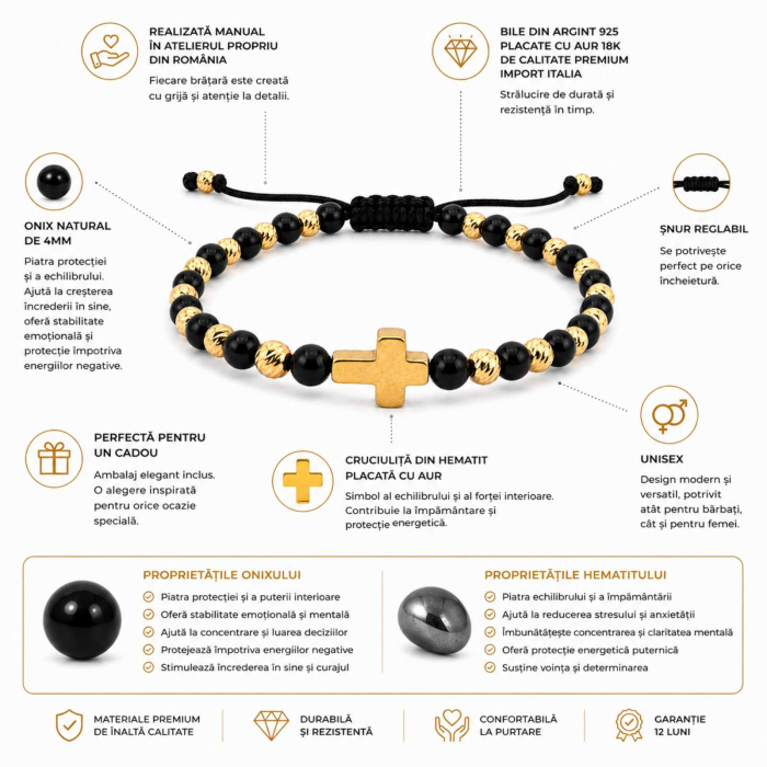 Brățară Onix cu Cruce Aurie din Hematit și Argint 925 Placat cu Aur 18K 4mm – Șnur Reglabil, Protecție și Eleganță [3]