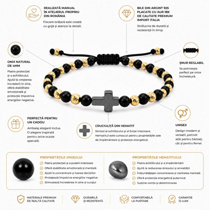 Brățară Onix cu Cruciuliță Hematit și Biluțe Argint 925 4mm Placate cu Aur 18K – Șnur Reglabil, Protecție și Putere [3]