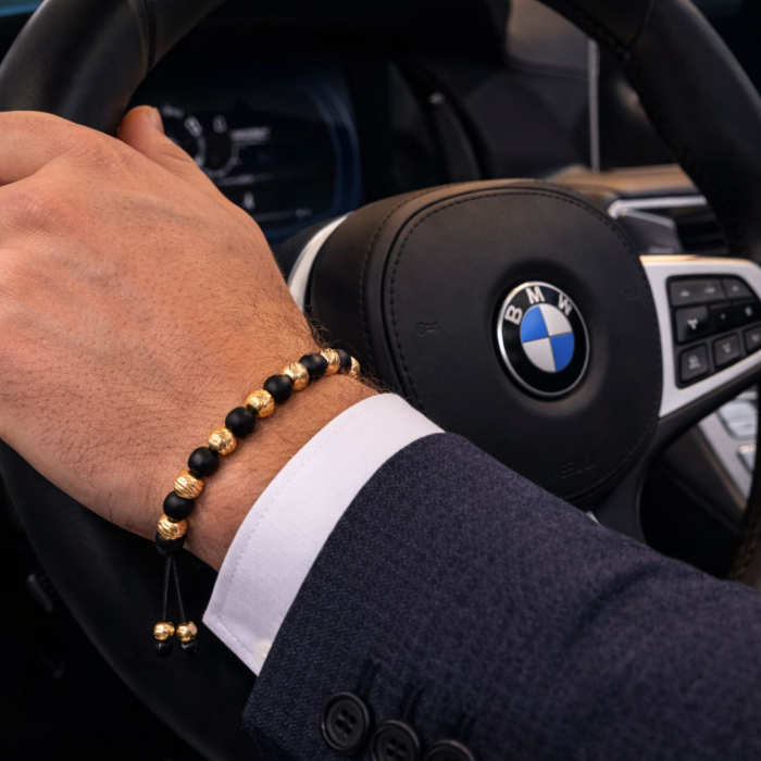 Brățară Onix Mat cu Bile Argint 4mm Placate cu Aur 18K, Șnur Reglabil, Unisex [3]