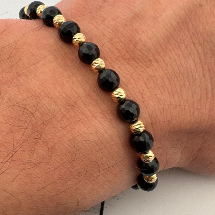 Brățară cu Bile Argint 4mm Placate cu Aur 18K, Onix Fațetat 6mm, Șnur Reglabil, Unisex [2]