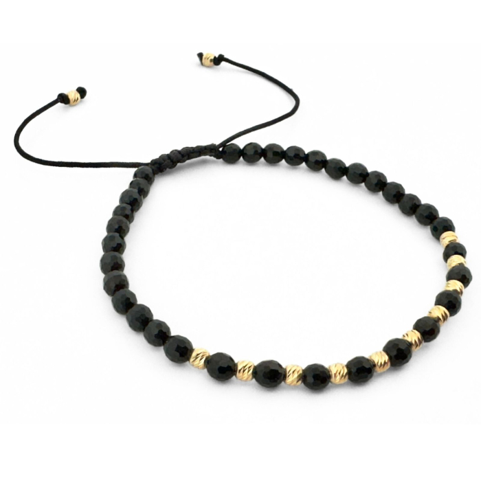 Brățară Onix Negru Fațetat 4 mm cu 12 Biluțe Argint Placate Aur 14K – Șnur Reglabil Unisex [2]