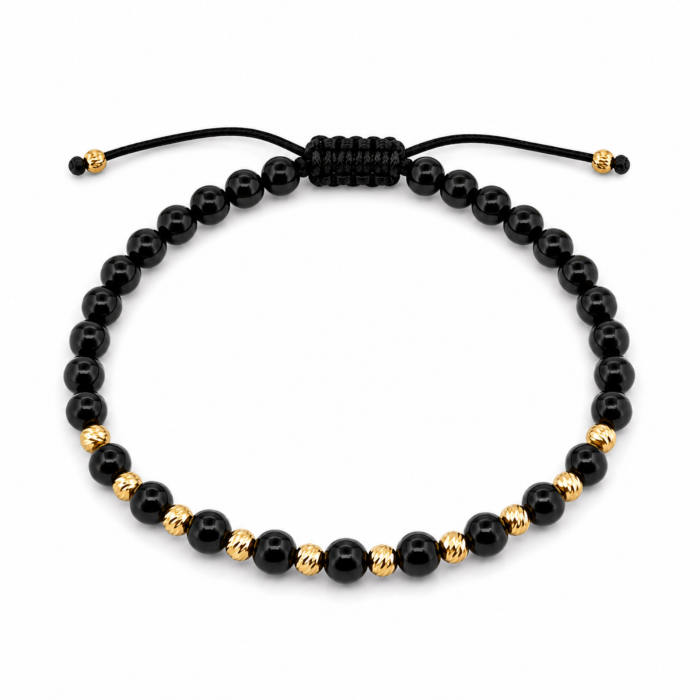 Brățară Onix Negru Lucios 4 mm cu 12 Biluțe Argint Placate Aur 18K – Șnur Reglabil Unisex [2]