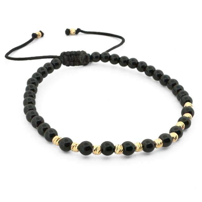 Brățară Onix Negru Lucios 4 mm cu 12 Biluțe Argint Placate Aur 18K – Șnur Reglabil Unisex [2]