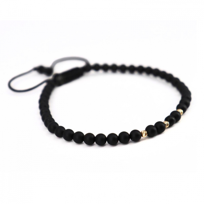 Brățară Onix și Biluțe de Aur 14K 585, Șnur Reglabil [2]