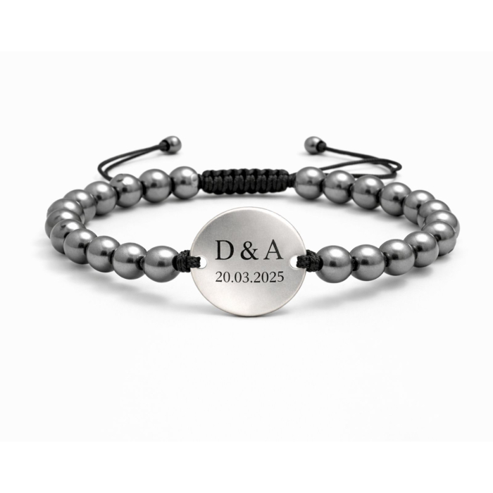 Brățară Personalizată cu Poză – Bănuț Inox 20 mm, Pietre Hematit 6mm, Șnur Reglabil, Unisex [4]