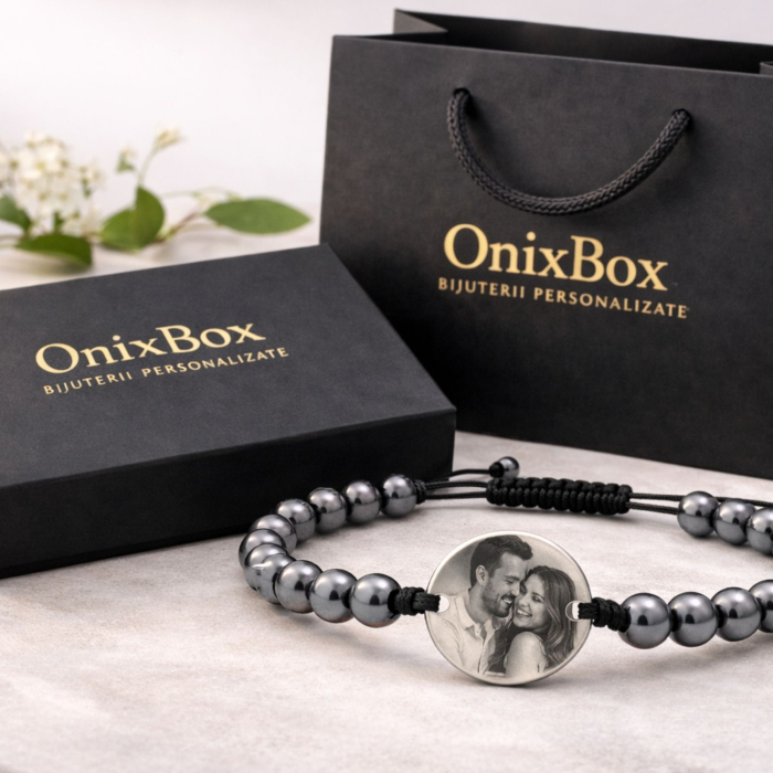 Brățară Personalizată cu Poză – Bănuț Inox 20 mm, Pietre Hematit 6mm, Șnur Reglabil, Unisex [3]