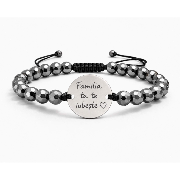 Brățară Personalizată cu Poză pentru Tată – Bănuț Inox și Pietre Hematit 6mm, Șnur Reglabil, Cadou Emoțional [2]