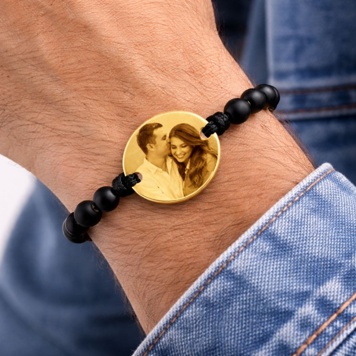 Brățară Personalizată cu Poză și Onix Negru – Bănuț Inox Auriu 18K, Reglabilă, Cadou Unisex [2]