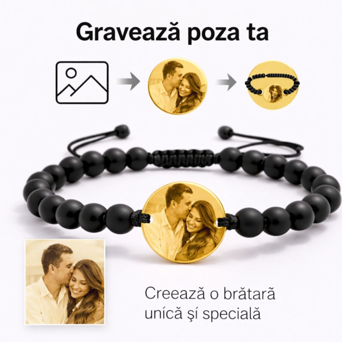 Brățară Personalizată cu Poză și Onix Negru – Bănuț Inox Auriu 18K, Reglabilă, Cadou Unisex [6]