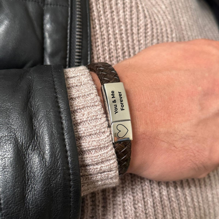 Brățară Piele Bărbați Personalizată cu Gravură Text, Închidere Magnetică Argintie, Inox [5]