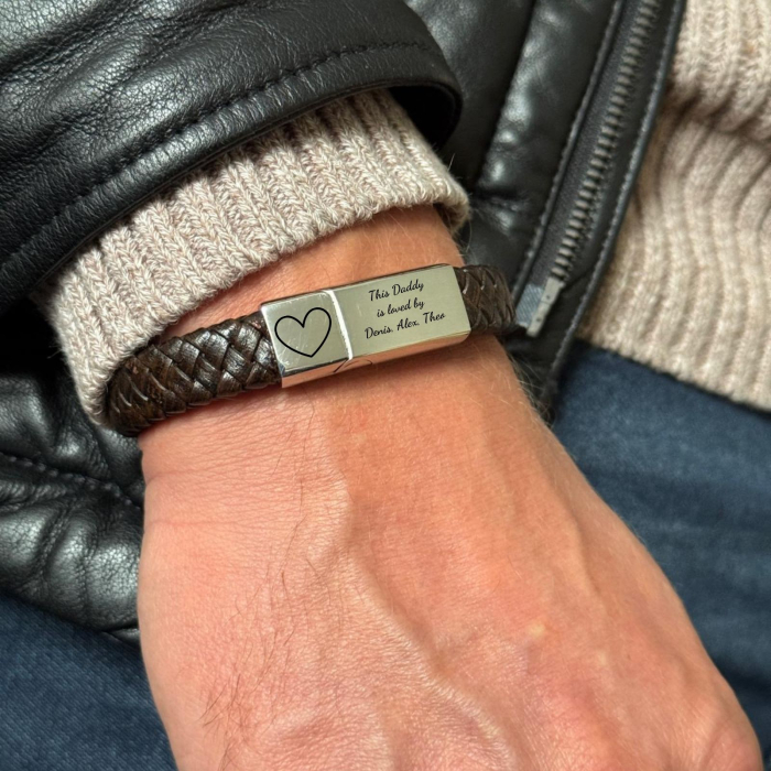 Brățară Piele Bărbați Personalizată cu Gravură Text, Închidere Magnetică Argintie, Inox [4]