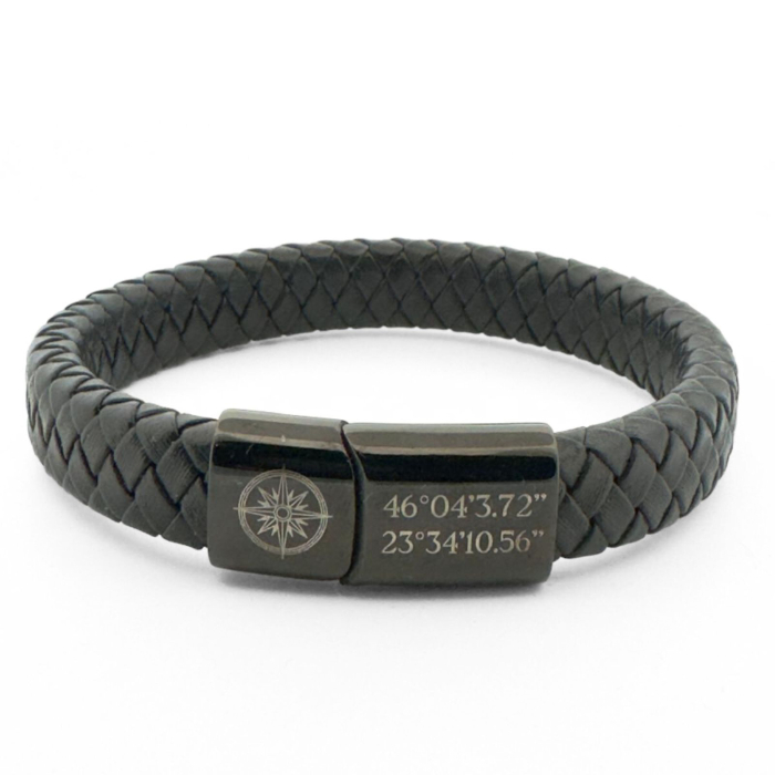 Bratara Piele Barbati Personalizata cu Gravura Text, Inchidere Magnetica Neagra, Inox