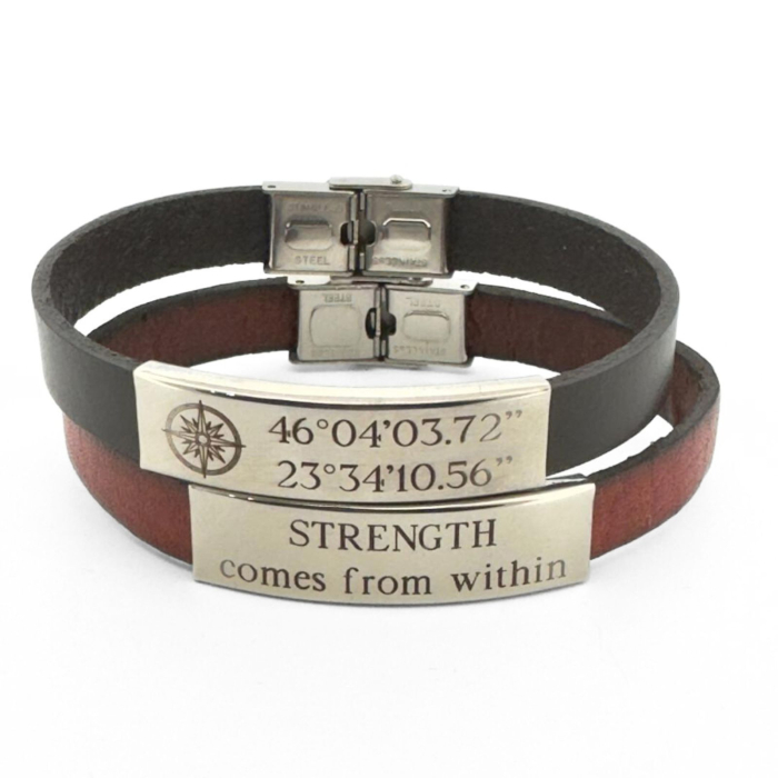 Brățară Piele Bărbați Personalizată cu Gravură Text - Plăcuță și Închidere din Inox, Piele Maro [10]