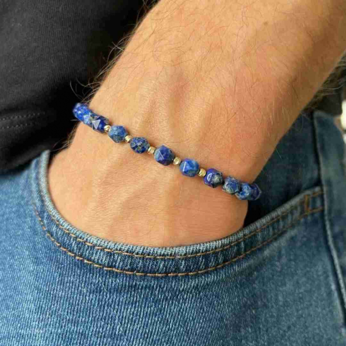 Bratara snur cu bilute de aur si pietre Lapis Lazuli fatetat [2]